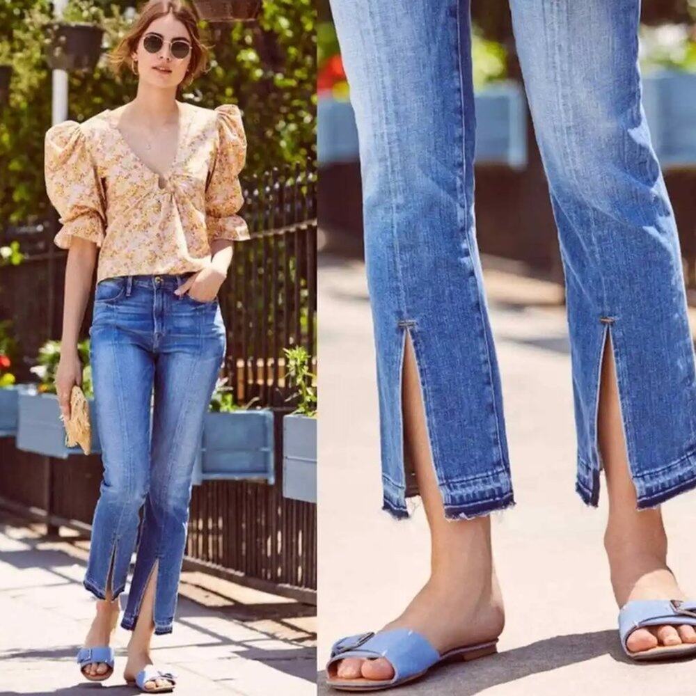 Frame Le Nouveau Straight Front Split Raw Hem Ankle Jeans in Sheffield Size 24
